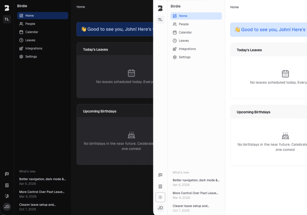 Birdie dashboard side by side in dark and light mode, showing the redesigned sidebar and company logo